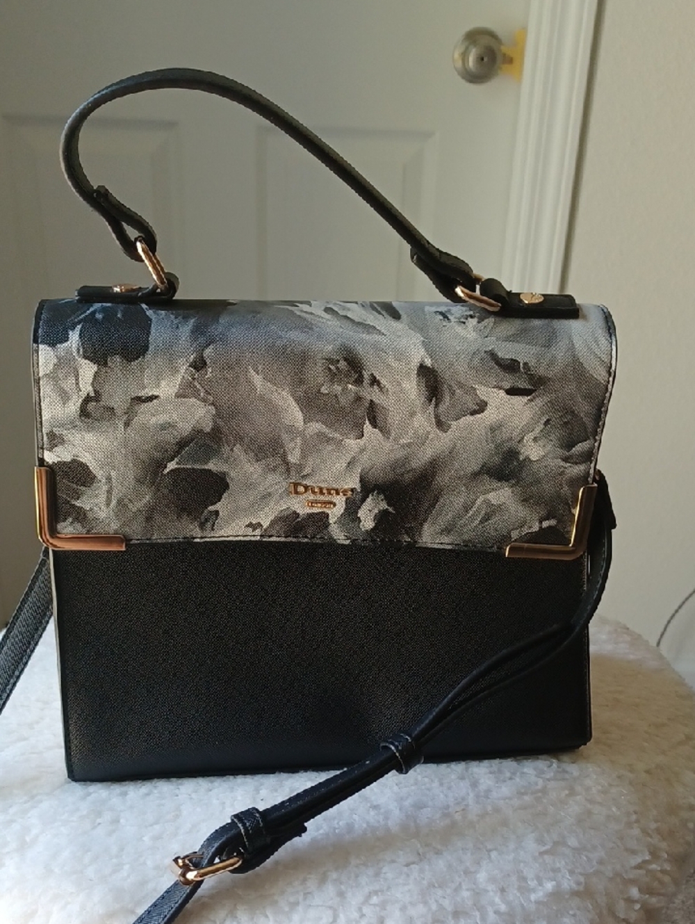Dune London Black Satchel with Gray Floral-Print Flap